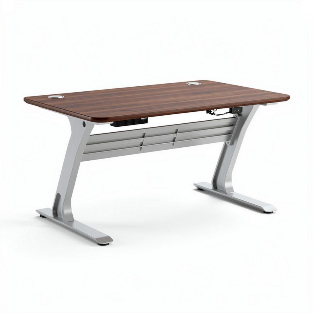 Scrivania regolabile in altezza con superficie in legno 120 x 60 x 75cm grigio e marrone