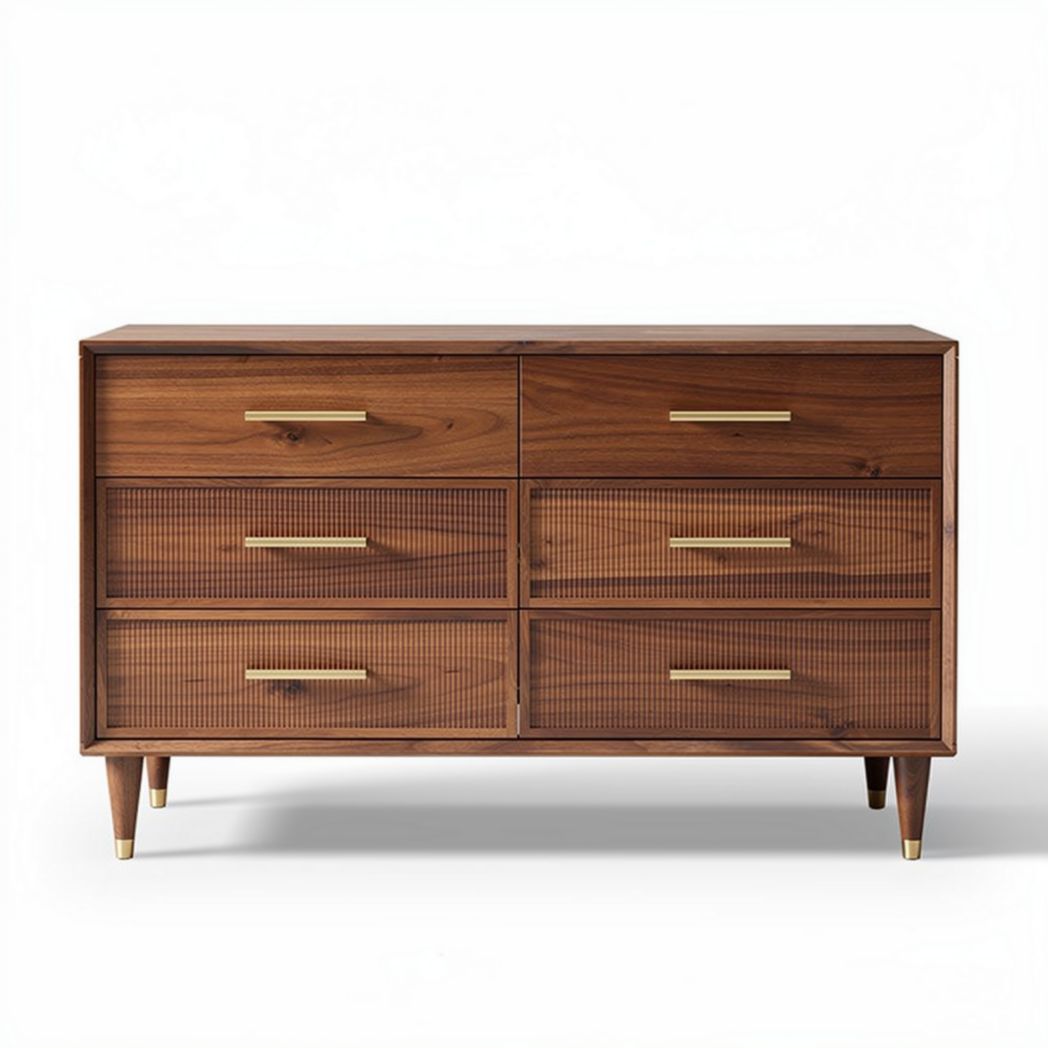 Comò in legno di noce con sei cassetti e finitura in rattan 120 x 50 x 80cm